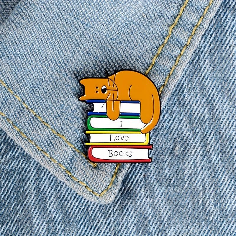 Men's I LOVE BOOK Brooch With Sleeping Kitten On Book