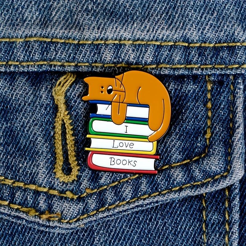 Men's I LOVE BOOK Brooch With Sleeping Kitten On Book