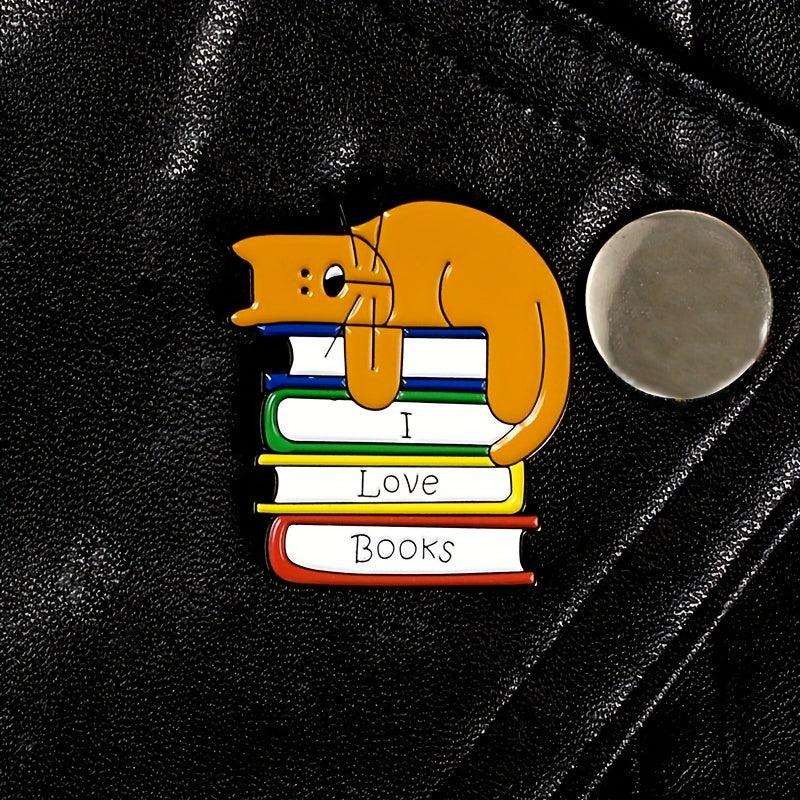 Men's I LOVE BOOK Brooch With Sleeping Kitten On Book