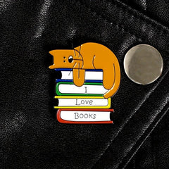 Men's I LOVE BOOK Brooch With Sleeping Kitten On Book