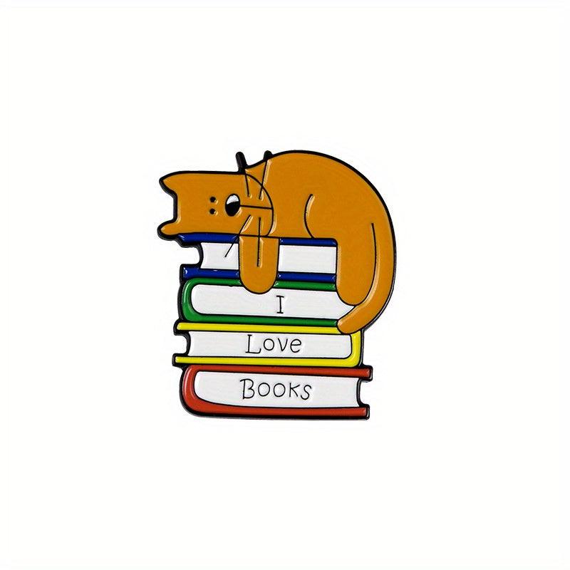 Men's I LOVE BOOK Brooch With Sleeping Kitten On Book