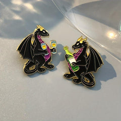 Dragon Wine Enamel Pins Funny Animal Drinking Pattern Brooches Lapel Badges