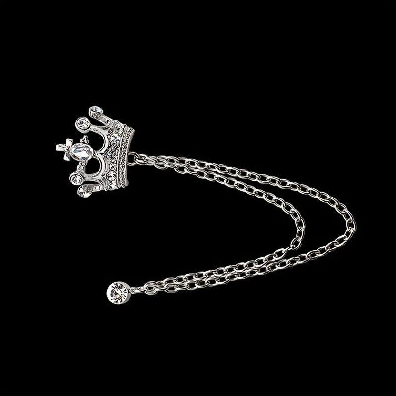 Men's Crystal Crown Tassel Brooch Pin Chain