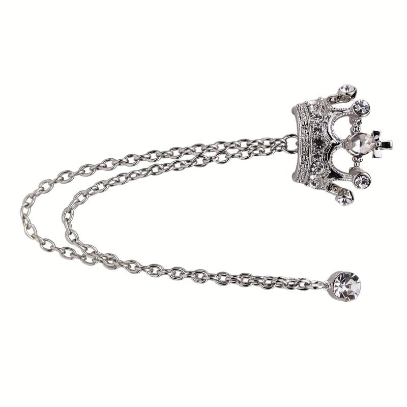 Men's Crystal Crown Tassel Brooch Pin Chain