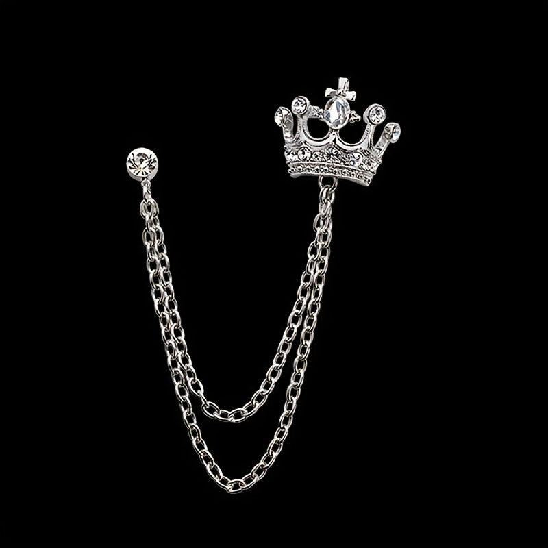 Men's Crystal Crown Tassel Brooch Pin Chain