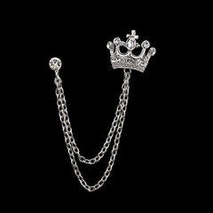 Men's Crystal Crown Tassel Brooch Pin Chain
