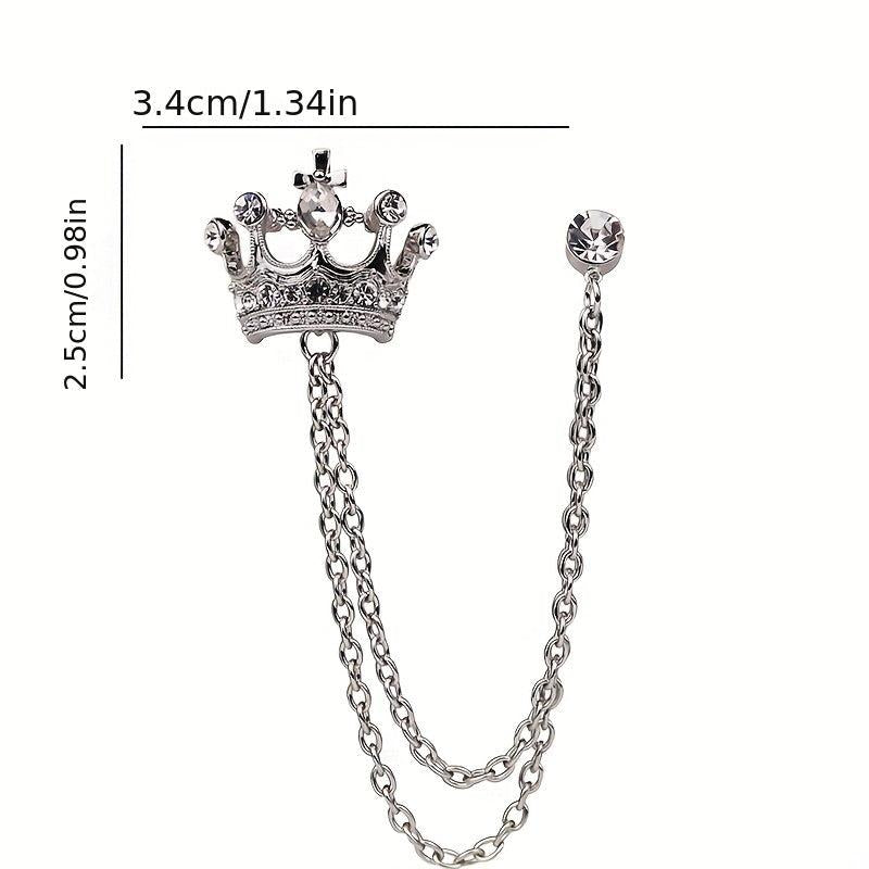 Men's Crystal Crown Tassel Brooch Pin Chain