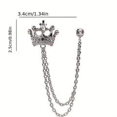Men's Crystal Crown Tassel Brooch Pin Chain
