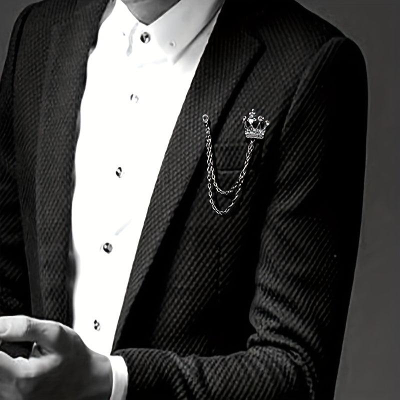 Men's Crystal Crown Tassel Brooch Pin Chain
