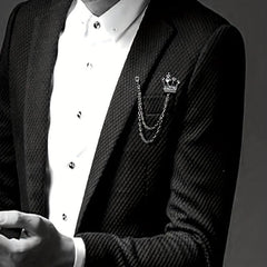 Men's Crystal Crown Tassel Brooch Pin Chain