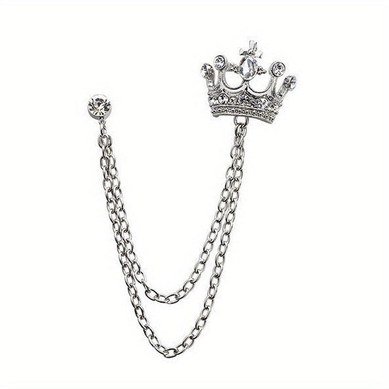 Men's Crystal Crown Tassel Brooch Pin Chain