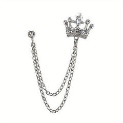 Men's Crystal Crown Tassel Brooch Pin Chain