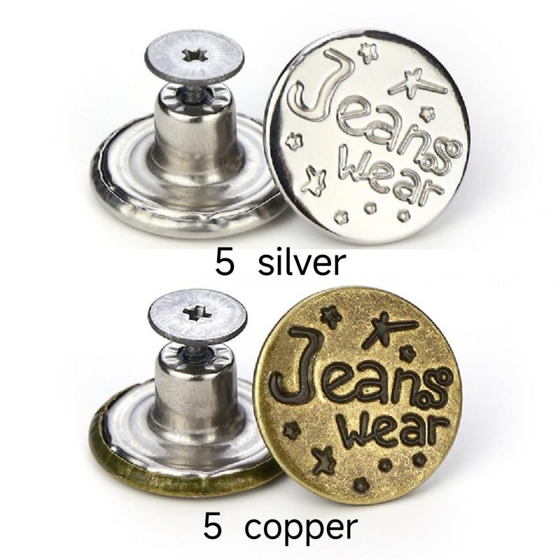 10pcs Seam Button Pins For Jeans 5 Silver 5 Brass Set