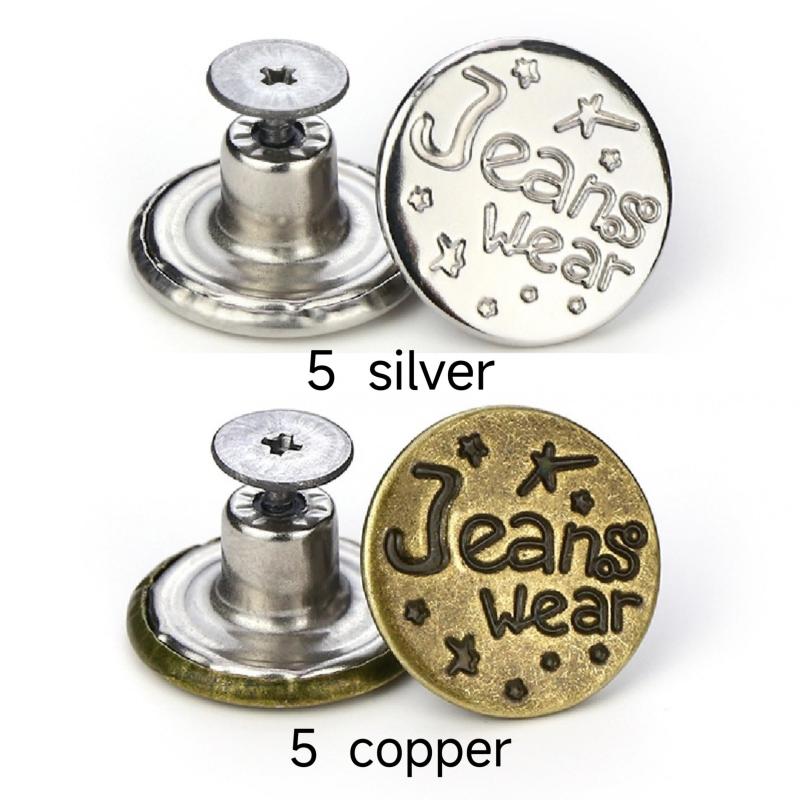 10pcs Seam Button Pins For Jeans 5 Silver 5 Brass Set