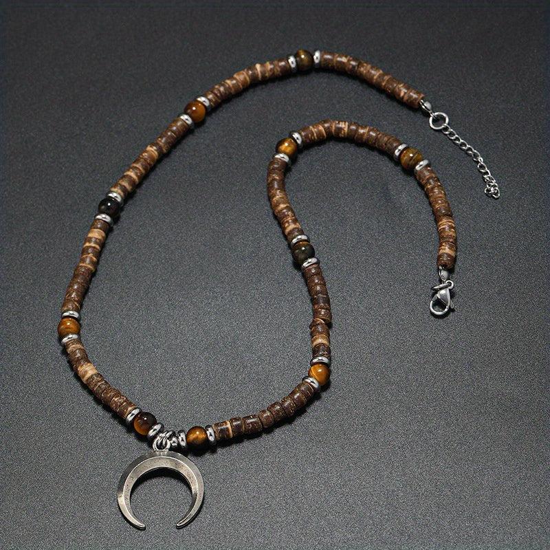Boho Beaded Coconut Shell Vintage Necklace Alloy Pine Stone Crescent