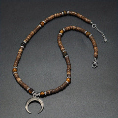 Boho Beaded Coconut Shell Vintage Necklace Alloy Pine Stone Crescent