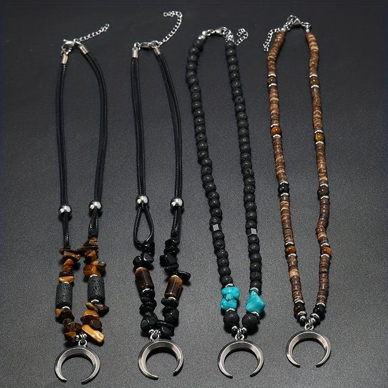 Boho Beaded Coconut Shell Vintage Necklace Alloy Pine Stone Crescent