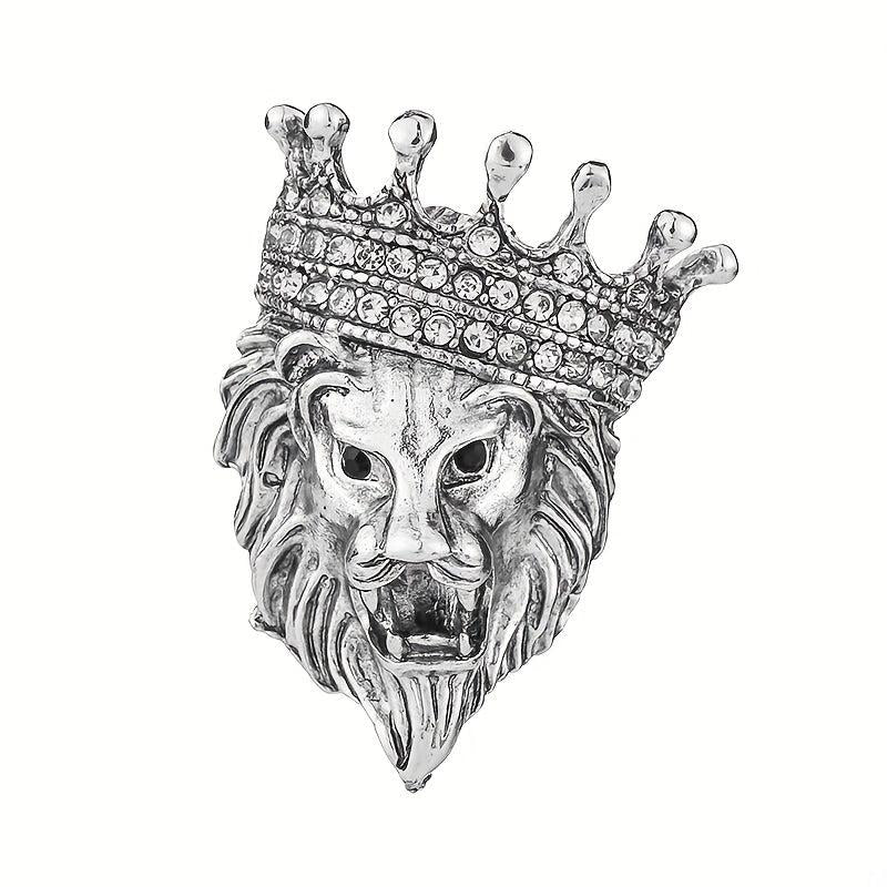 Vintage Lion Head Crystal Crown Lapel Pin Brooch