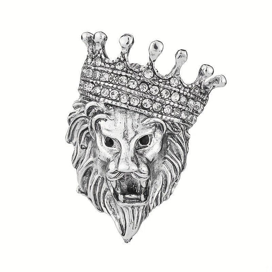 Vintage Lion Head Crystal Crown Lapel Pin Brooch