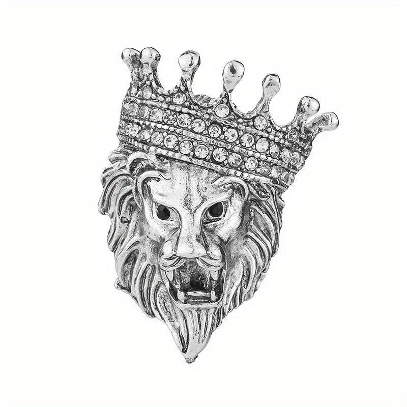 Vintage Lion Head Crystal Crown Lapel Pin Brooch