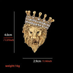 Vintage Lion Head Crystal Crown Lapel Pin Brooch