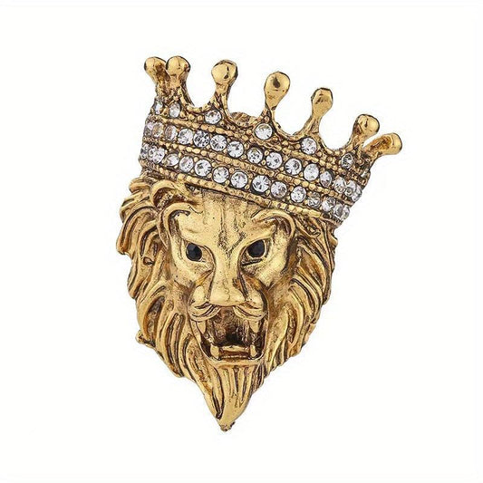 Vintage Lion Head Crystal Crown Lapel Pin Brooch