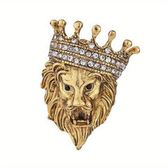 Vintage Lion Head Crystal Crown Lapel Pin Brooch