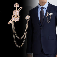 Men's Music Style Violin Tassel Chain Brooch Note Suit Accessories