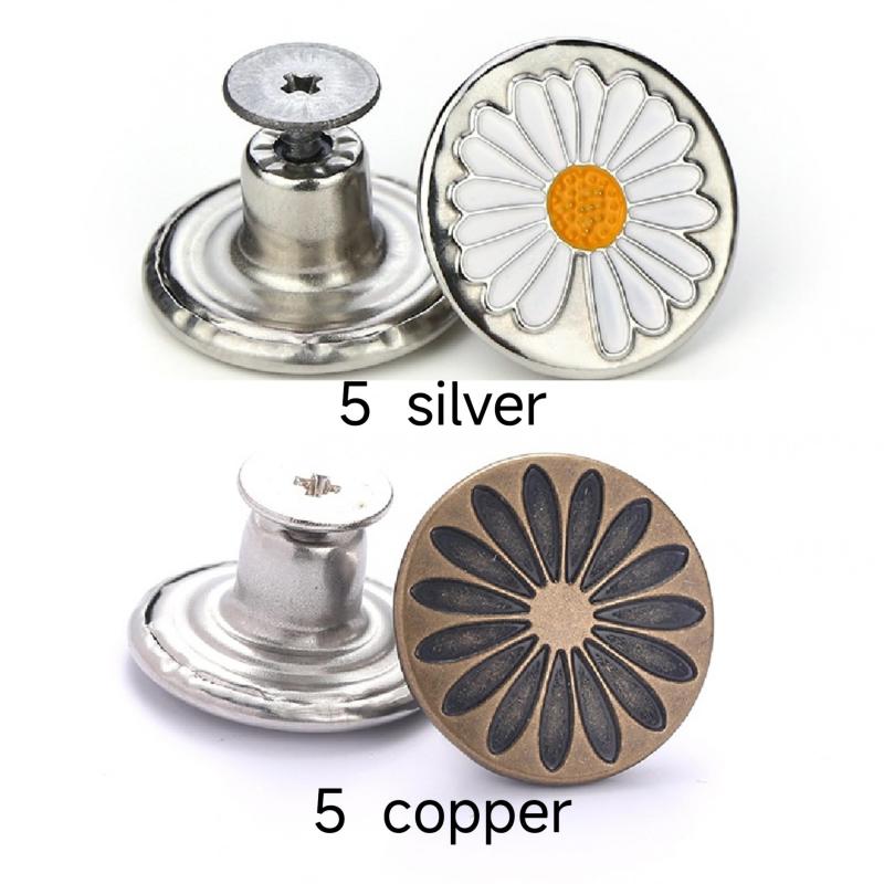 10pcs Flower Pattern Seam Button Pins For Jeans 5 Silver 5 Copper
