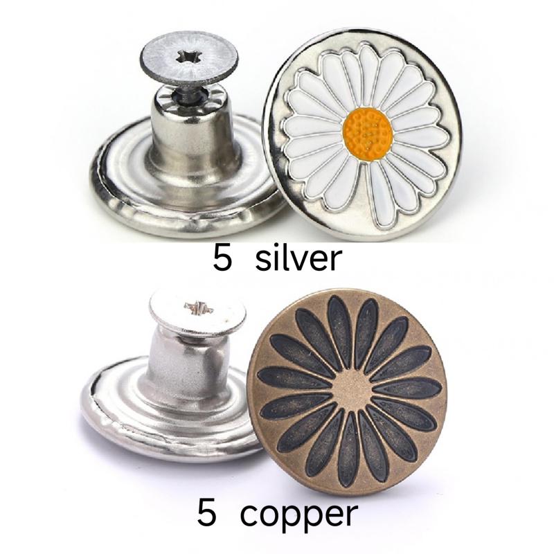 10pcs Flower Pattern Seam Button Pins For Jeans 5 Silver 5 Copper
