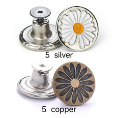 10pcs Flower Pattern Seam Button Pins For Jeans 5 Silver 5 Copper