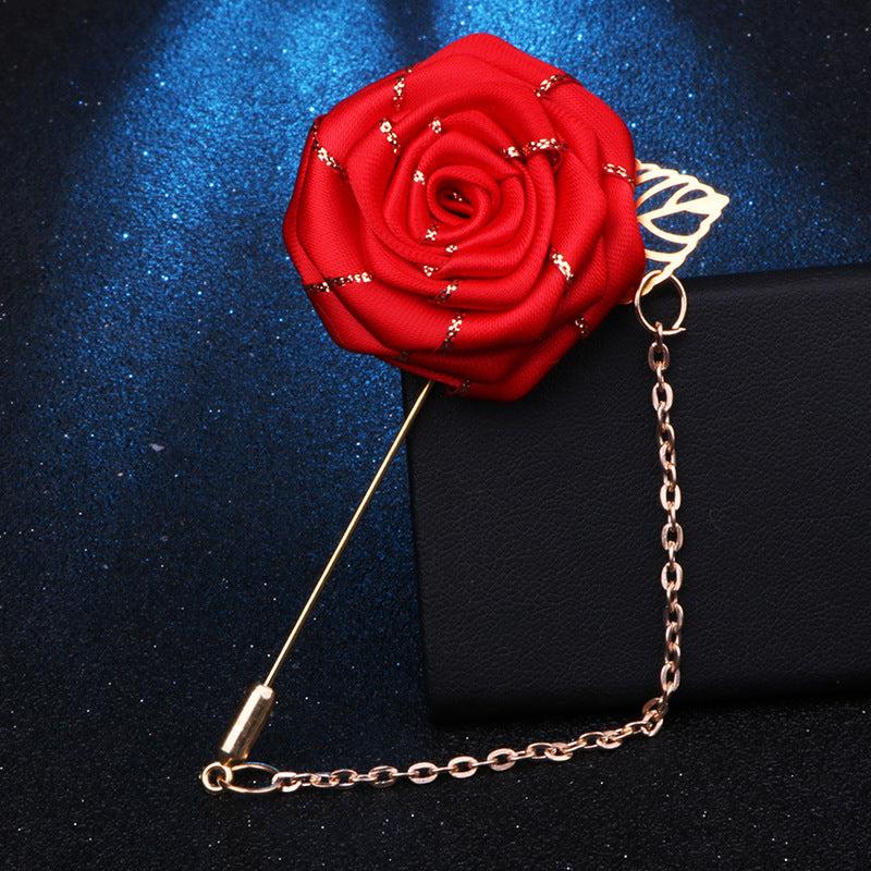 Groom Wedding Corsage Brooch Fabric Rose Tassel Chain Suit Accessories