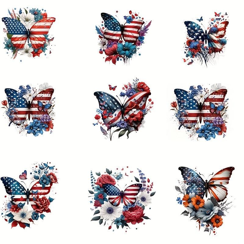 9pcs American Flag Butterfly Stickers Transfer Decals Iron on Patches Stickers