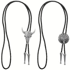 2pcs Vintage Cowboy Bolo Tie Leather Ties Cow Skull Costume Accessories