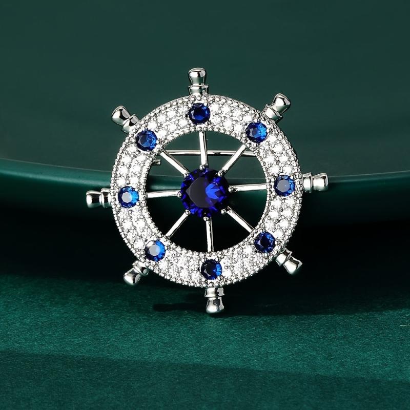 Atmospheric Men's Rudder Brooch with Zircon Inlay