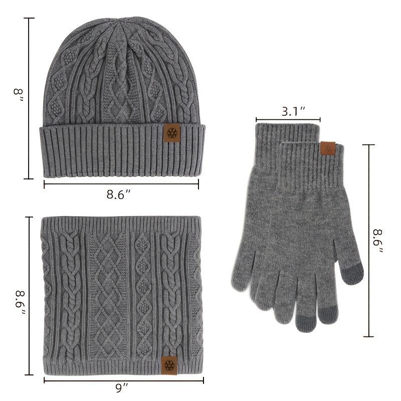 3pcs Winter Knit Gloves Hat Muffler Set Touch Screen Plus Fleece Warm Wool