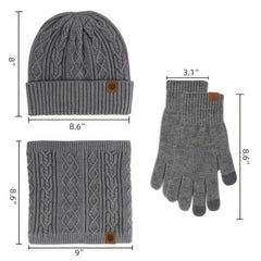 3pcs Winter Knit Gloves Hat Muffler Set Touch Screen Plus Fleece Warm Wool