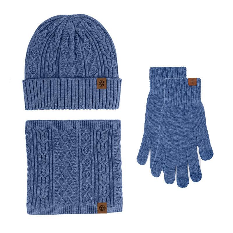 3pcs Winter Knit Gloves Hat Muffler Set Touch Screen Plus Fleece Warm Wool