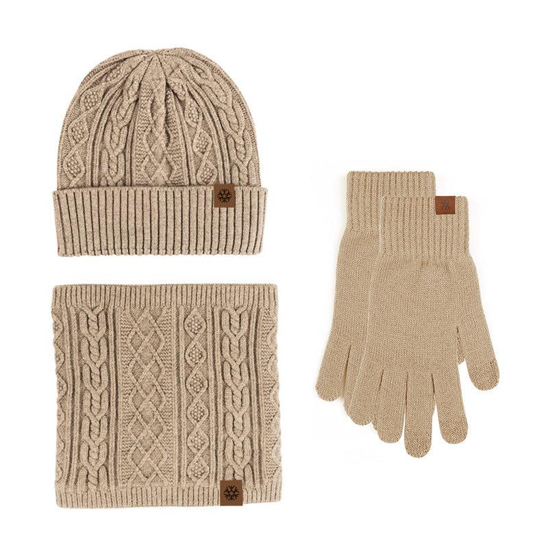 3pcs Winter Knit Gloves Hat Muffler Set Touch Screen Plus Fleece Warm Wool