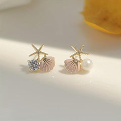 Starfish Shell Stud Earrings with Pearl Wedding Banquet Jewelry