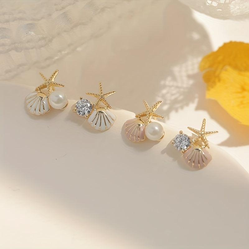 Starfish Shell Stud Earrings with Pearl Wedding Banquet Jewelry