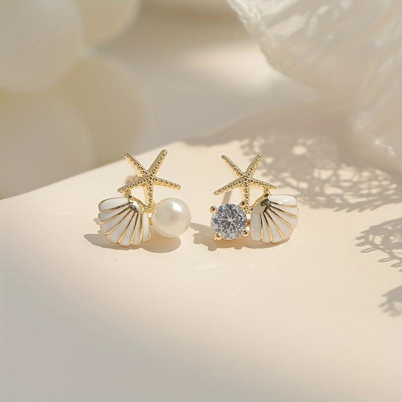 Starfish Shell Stud Earrings with Pearl Wedding Banquet Jewelry