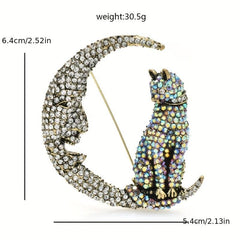 Glitter Moon Cat Brooch for Men Rhinestone Pets Party Office