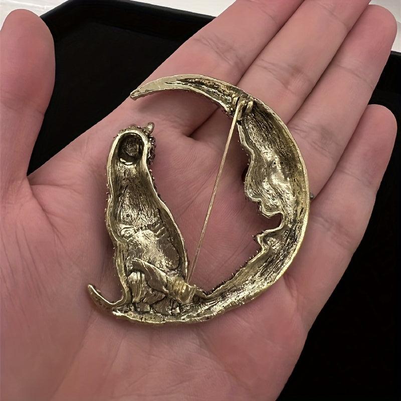 Glitter Moon Cat Brooch for Men Rhinestone Pets Party Office