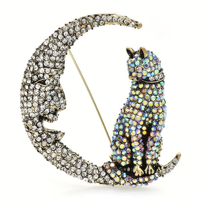 Glitter Moon Cat Brooch for Men Rhinestone Pets Party Office