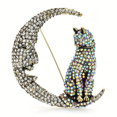 Glitter Moon Cat Brooch for Men Rhinestone Pets Party Office