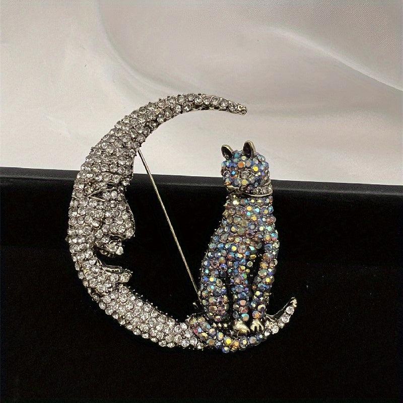 Glitter Moon Cat Brooch for Men Rhinestone Pets Party Office