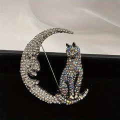 Glitter Moon Cat Brooch for Men Rhinestone Pets Party Office