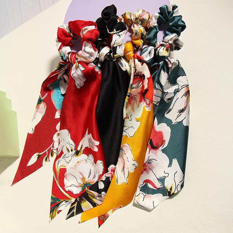 4pcs Floral Print Scarf Hair Tie Vintage Scrunchie Scarf Hair Accessory