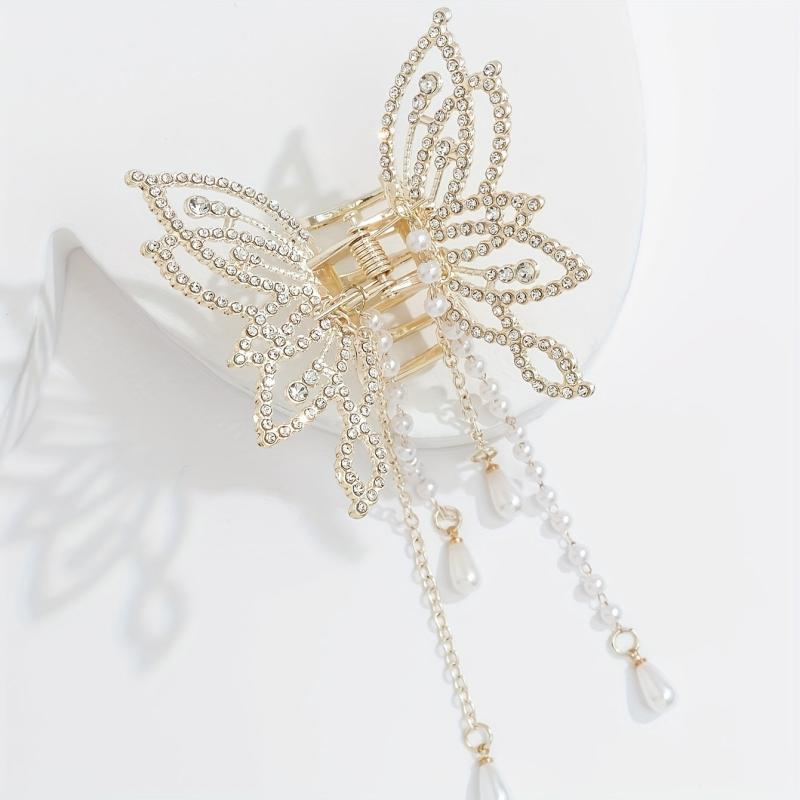 Faux Pearl Tassel Rhinestone Hair Claw Clip Non Slip Strong Hold Grip